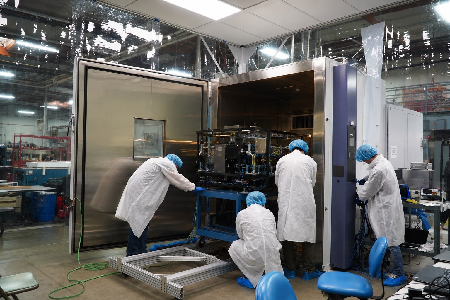 Engineers conducting systems testing in a technical integration facility.